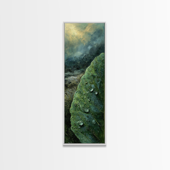 Rain Drops on a Large Green Leaf Canvas Print, Nature Art, Minimalist Decor, Living Room Decor, Fine Art, Nature, Artwork, NAT-1x3-93