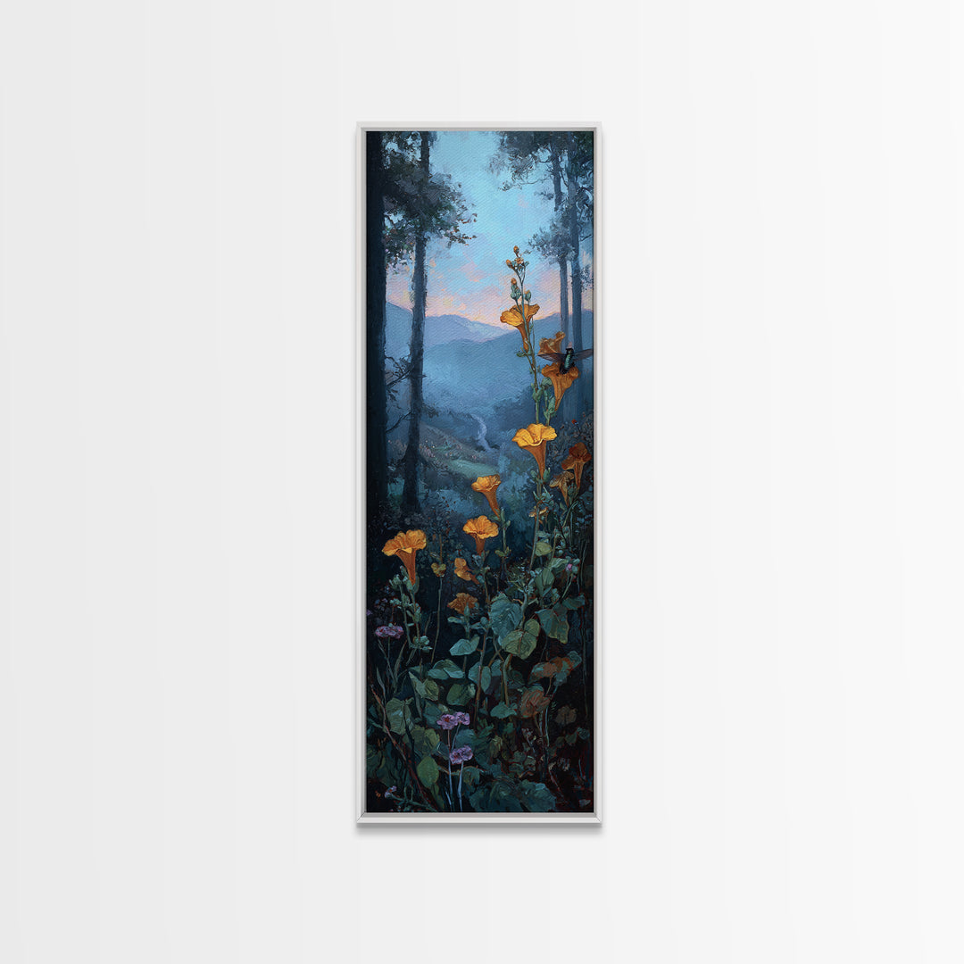Hummingbird Beside Bright Trumpet Flowers Framed Canvas Print, Nature Art, Modern Wall Art, Living Room Decor, Fine Art, Nature, NAT-1x3-96