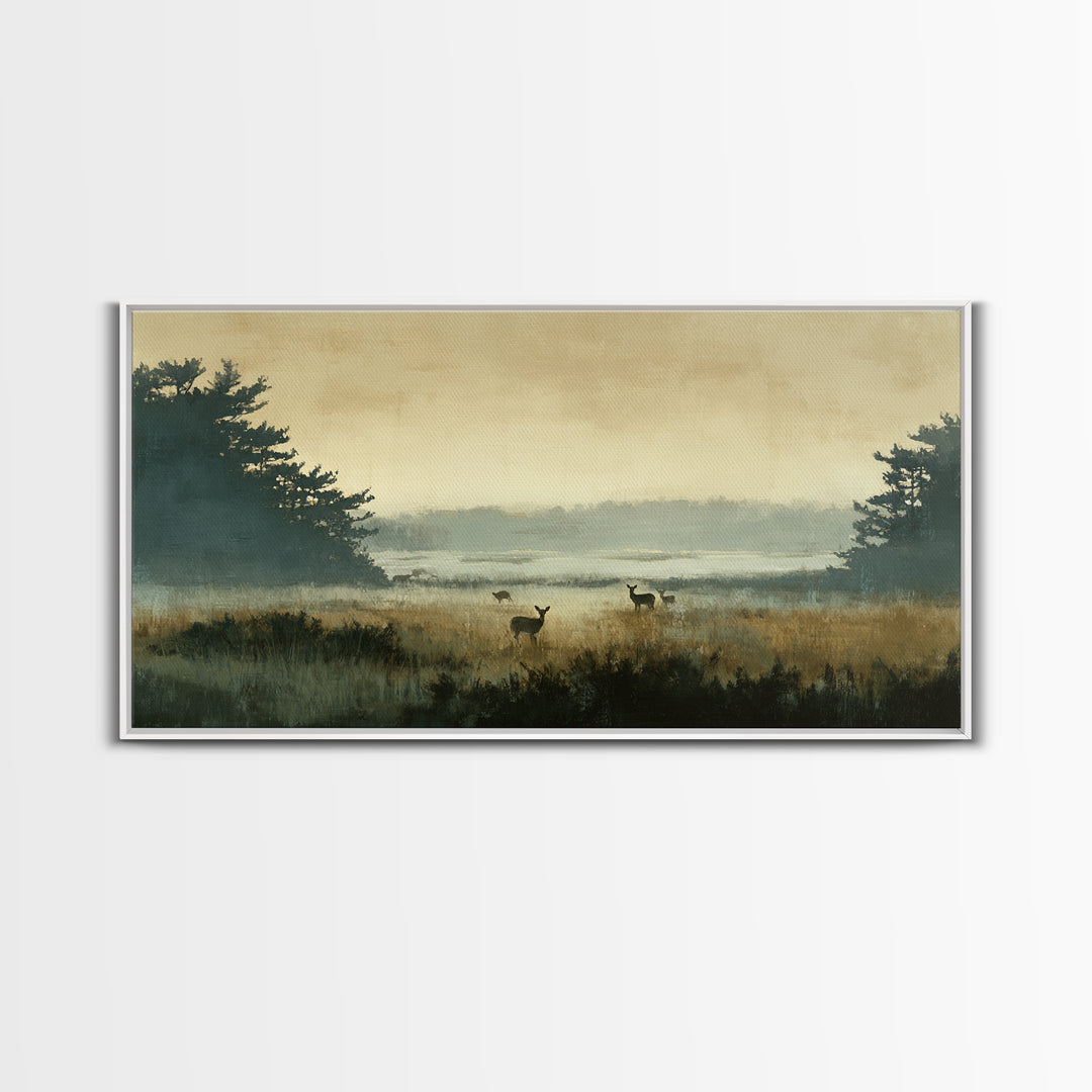Deer Standing in a Golden Field Framed Canvas Print, Nature Art, Mountain Wall Art, Living Room Decor, Fine Art, Nature, NAT-2x1-100