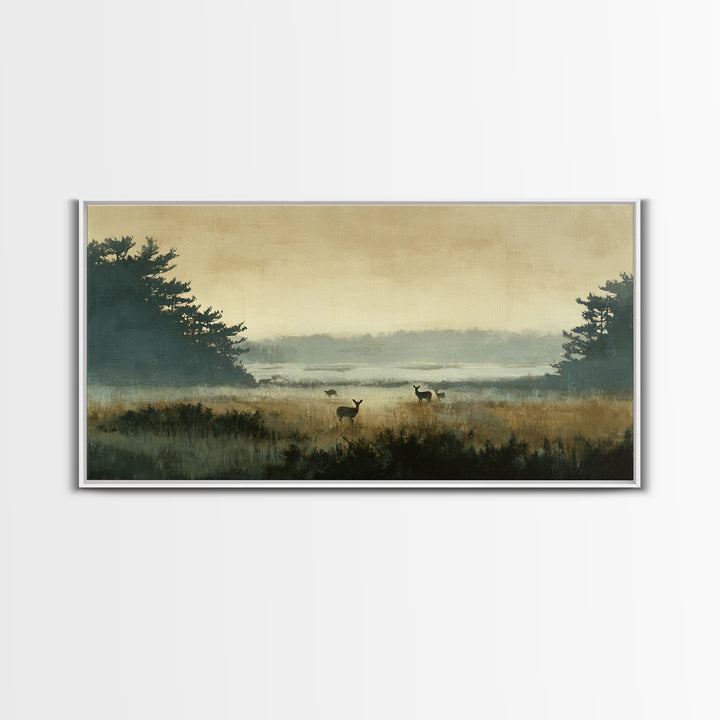 Deer Standing in a Golden Field Framed Canvas Print, Nature Art, Mountain Wall Art, Living Room Decor, Fine Art, Nature, NAT-2x1-100