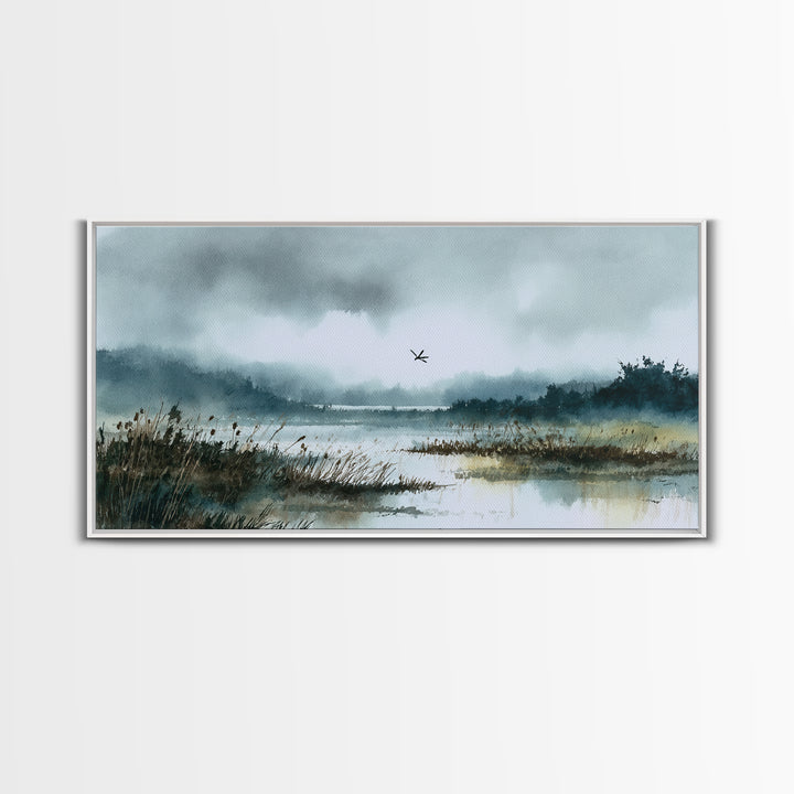 Dragonfly over a Pond with Reeds Framed Canvas Print, Nature Art, Fine Art Print, Living Room Decor, Watercolor Art, Nature, NAT-2x1-14