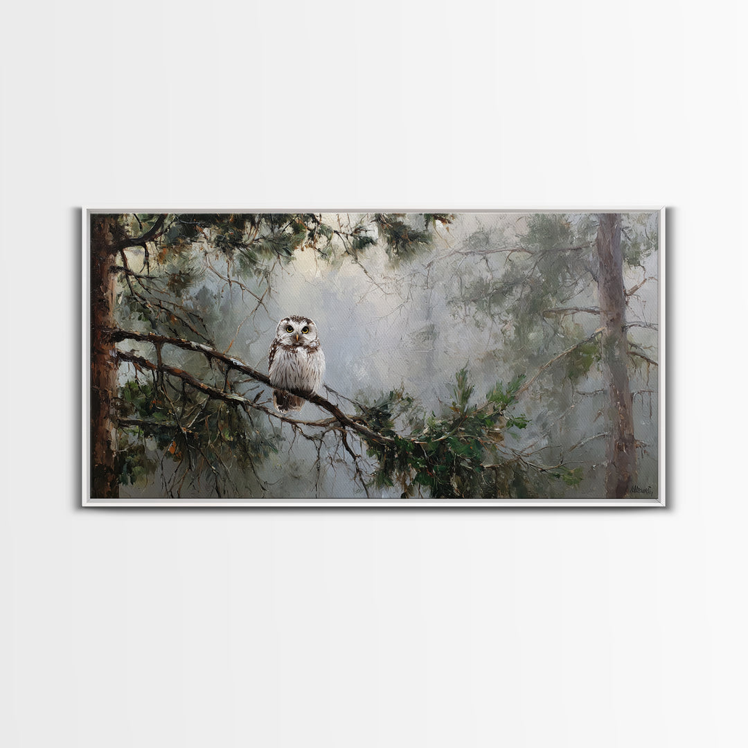 Owl in Moonlit Branches Framed Canvas Print, Nature Art, Minimalist Decor, Living Room Decor, Fine Art, Nature, Artwork, NAT-2x1-15