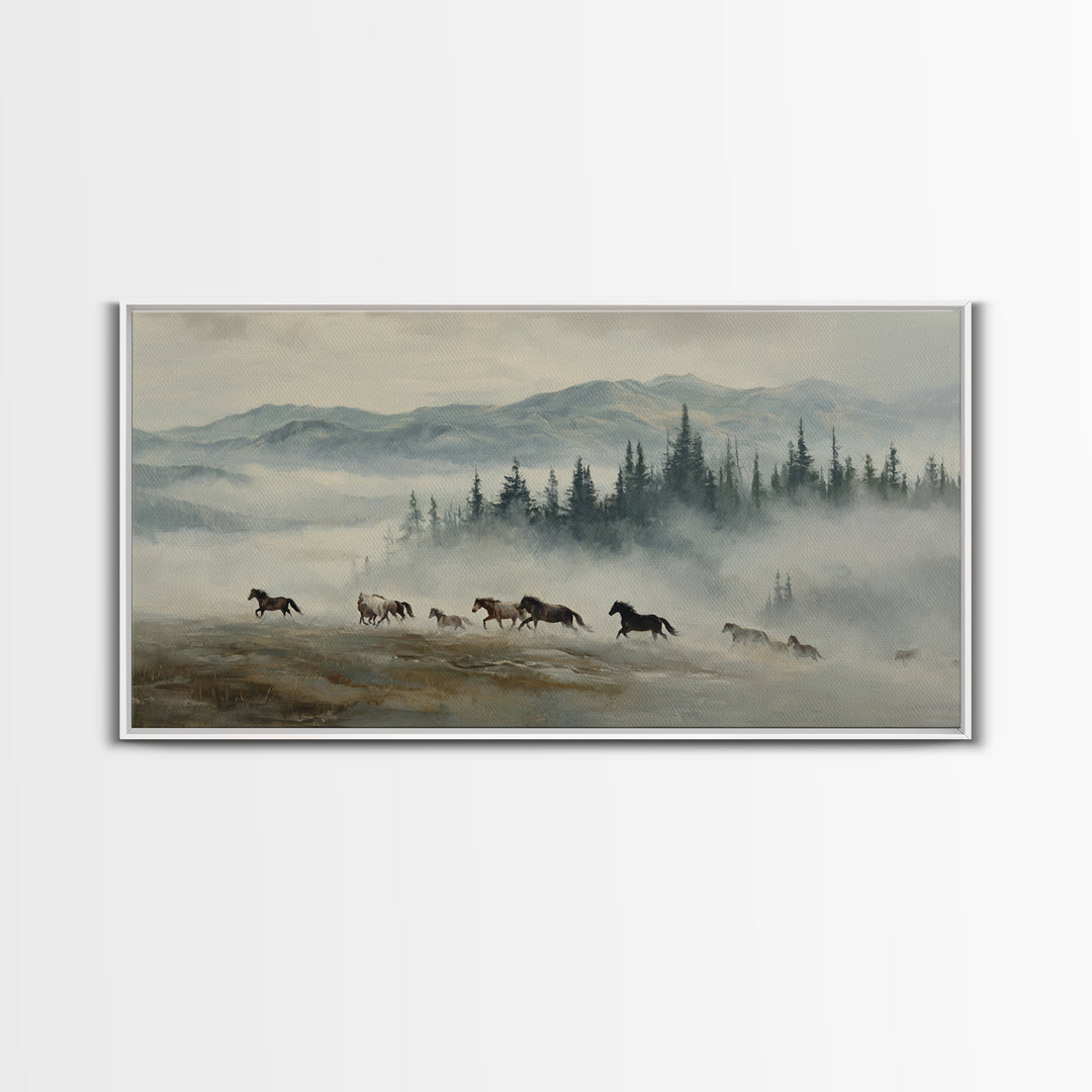 Wild Horses Running Near Mountain Ridge Framed Canvas Print, Nature Art, Statement Artwork, Living Room Decor, Fine Art, Nature, NAT-2x1-18