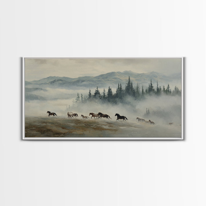 Wild Horses Running Near Mountain Ridge Framed Canvas Print, Nature Art, Statement Artwork, Living Room Decor, Fine Art, Nature, NAT-2x1-18