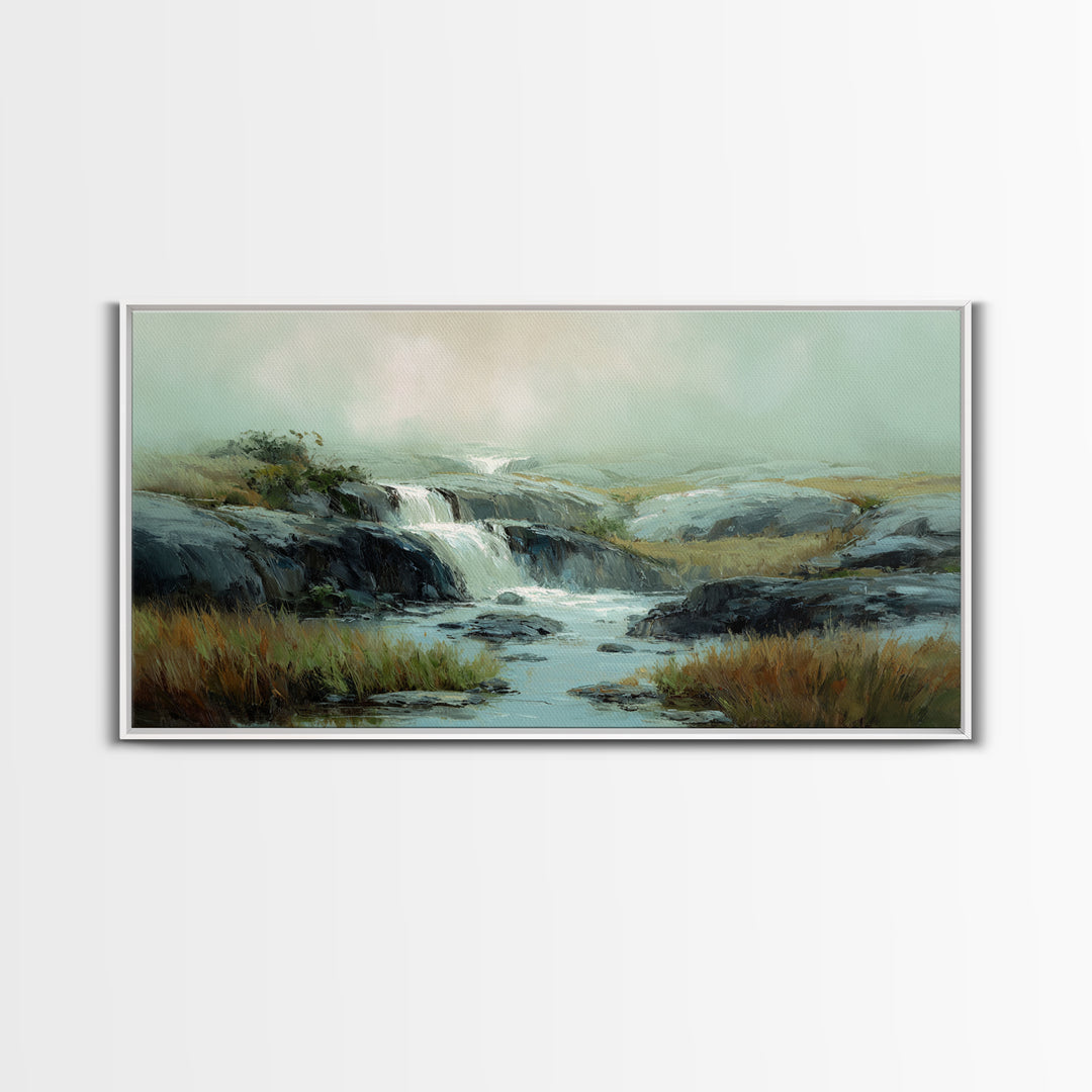 Waterfall Hidden Among Dark Green Rocks Framed Canvas Print, Nature Art, Mushroom, Living Room Decor, Watercolor Art, Nature, NAT-2x1-23