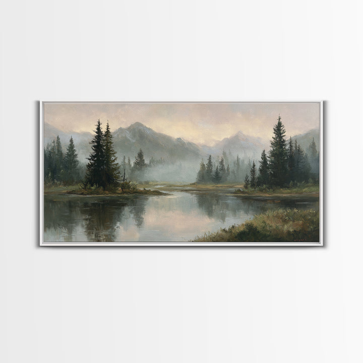 Misty Mountain Lake Framed Canvas Print, Nature Art, Home Decor, Living Room Decor, Oil Painting, Nature, Abstract Wall Art, NAT-2x1-25