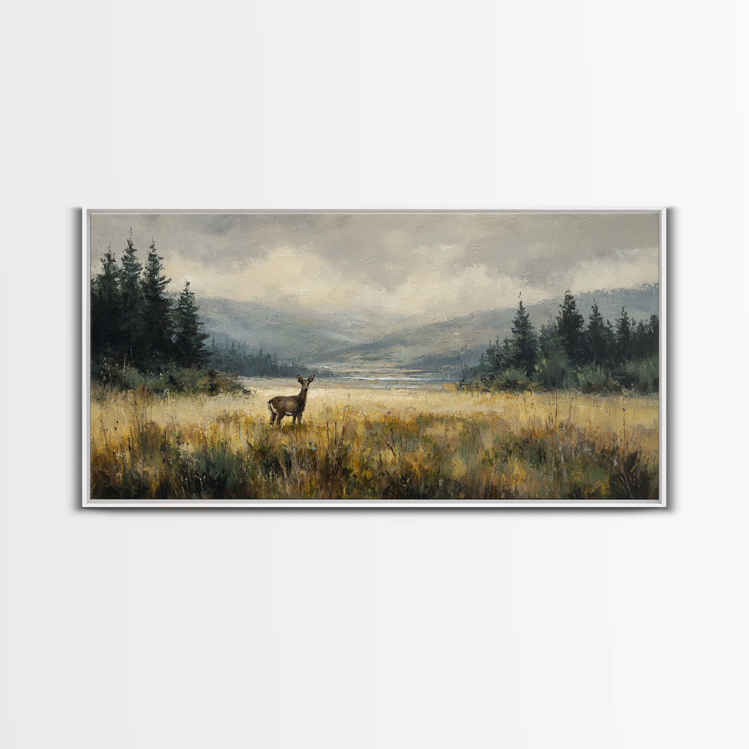 Deer Standing in a Golden Field Framed Canvas Print, Nature Art, Minimalist Decor, Living Room Decor, Fine Art, Nature, NAT-2x1-28