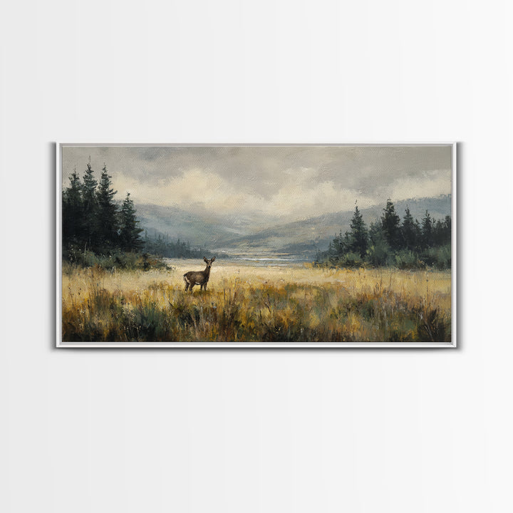 Deer Standing in a Golden Field Framed Canvas Print, Nature Art, Minimalist Decor, Living Room Decor, Fine Art, Nature, NAT-2x1-28