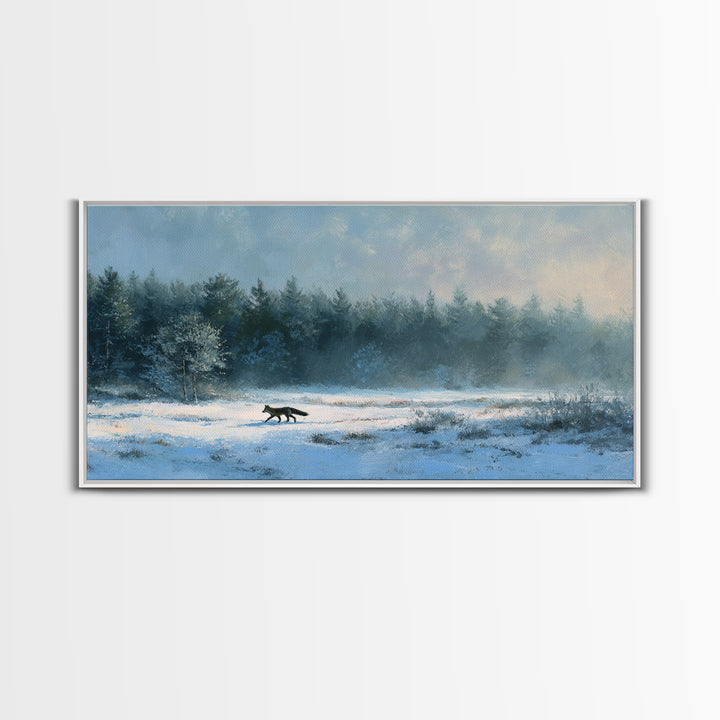 Fox Crossing a Snowy Forest Clearing Framed Canvas Print, Nature Art, Luxury Decor, Living Room Decor, Oil Painting, Nature, NAT-2x1-30