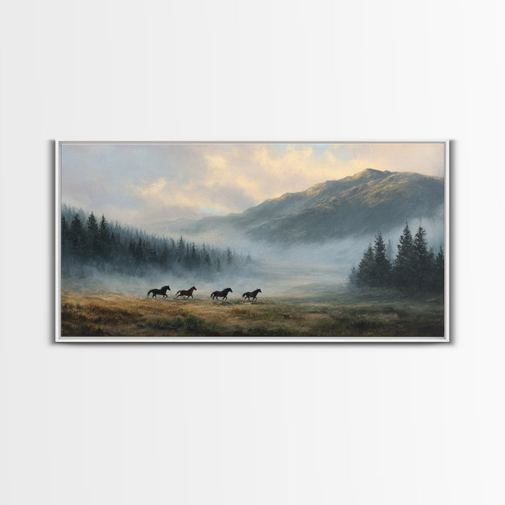 Wild Horses Running Near Mountain Ridge Framed Canvas Print, Nature Art, Statement Artwork, Living Room Decor, Fine Art, Nature, NAT-2x1-42