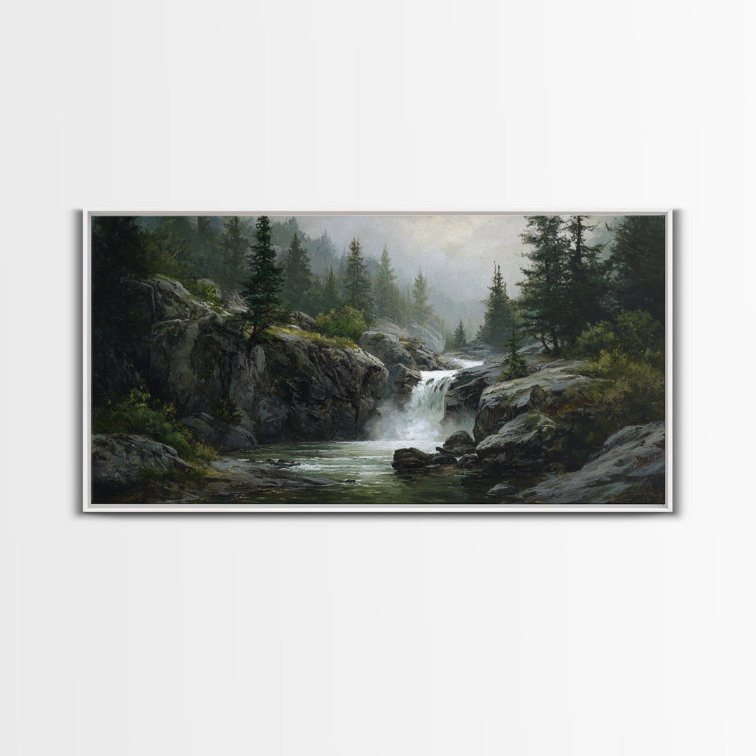 Waterfall Hidden Among Dark Green Rocks Canvas Print, Nature Art, Framed Art, Living Room Decor, Oil Painting, Nature, NAT-2x1-47
