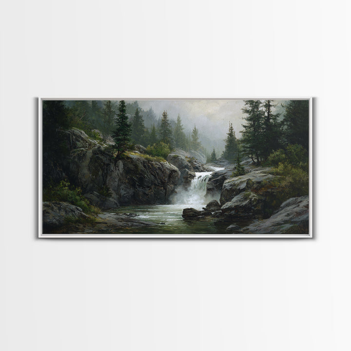 Waterfall Hidden Among Dark Green Rocks Canvas Print, Nature Art, Framed Art, Living Room Decor, Oil Painting, Nature, NAT-2x1-47