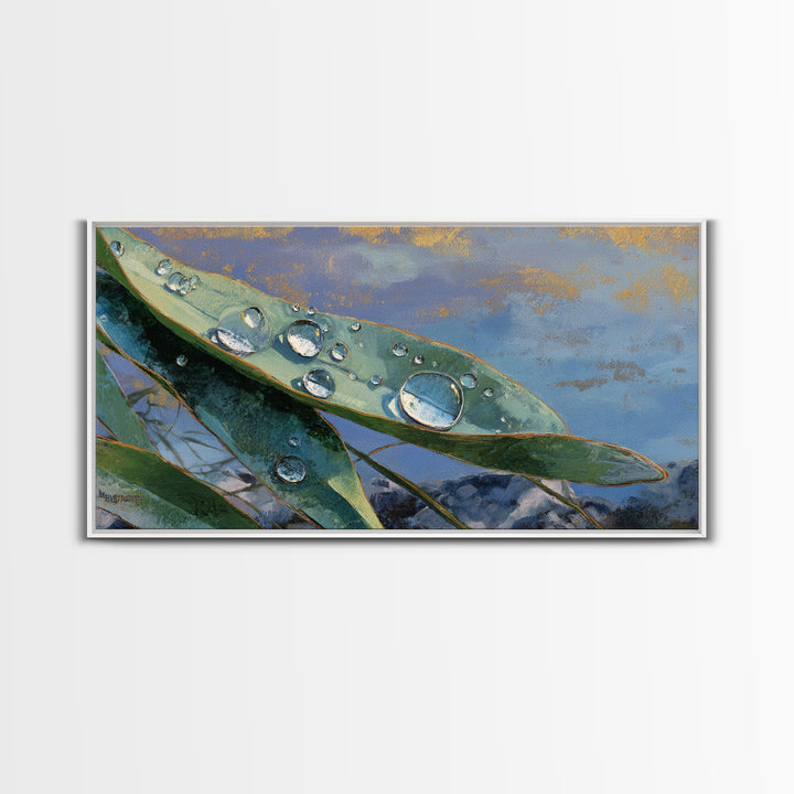 Rain Drops on a Large Green Leaf Framed Canvas Print, Nature Art, Living Room Decor, Watercolor Art, Nature, Abstract Wall Art, NAT-2x1-5
