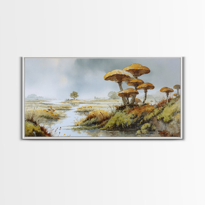 Mushroom Cluster in Enchanted Woodland Framed Canvas Print, Nature Art, Wood Wall Art, Living Room Decor, Watercolor Art, NAT-2x1-51