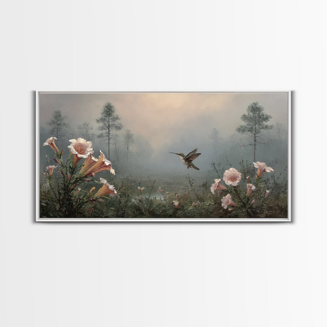 Hummingbird Beside Bright Trumpet Flowers Framed Canvas Print, Nature Art, Painting, Living Room Decor, Fine Art, Nature, NAT-2x1-56