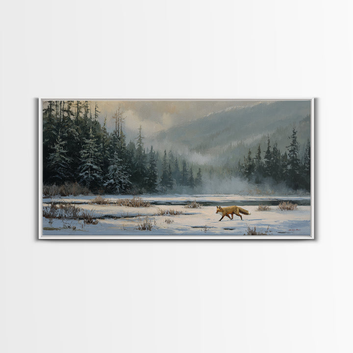 Fox Crossing a Snowy Forest Clearing Framed Canvas Print, Nature Art, Luxury Decor, Living Room Decor, Oil Painting, Nature, NAT-2x1-6