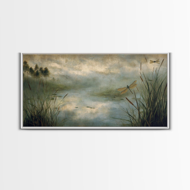 Dragonfly over a Pond with Reeds Canvas Print, Nature Art, Room Decor, Living Room Decor, Oil Painting, Nature, Wall Hangings, NAT-2x1-62
