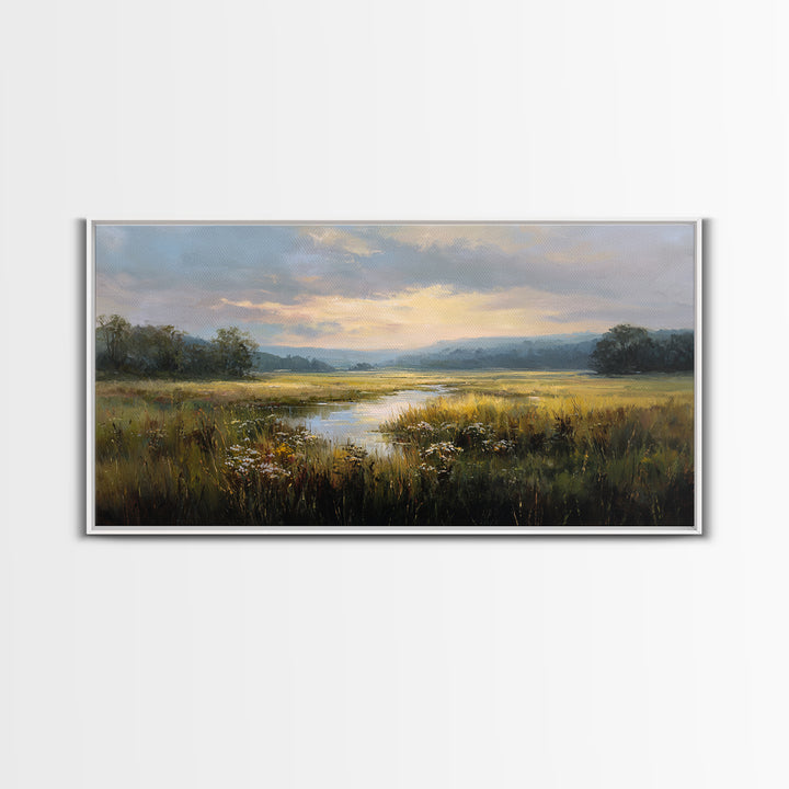 Sunrise Through Tall Grass and Wildflowers Framed Canvas Print, Nature Art, Poster, Living Room Decor, Watercolor Art, Nature, NAT-2x1-7