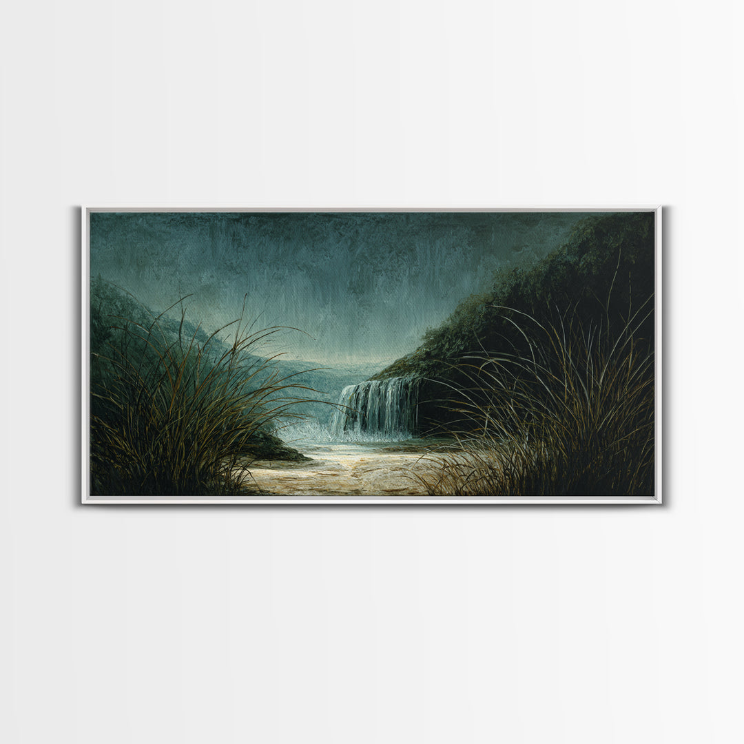 Waterfall Hidden Among Dark Green Rocks Canvas Print, Nature Art, Landscape Art, Living Room Decor, Abstract Art, Nature, NAT-2x1-71