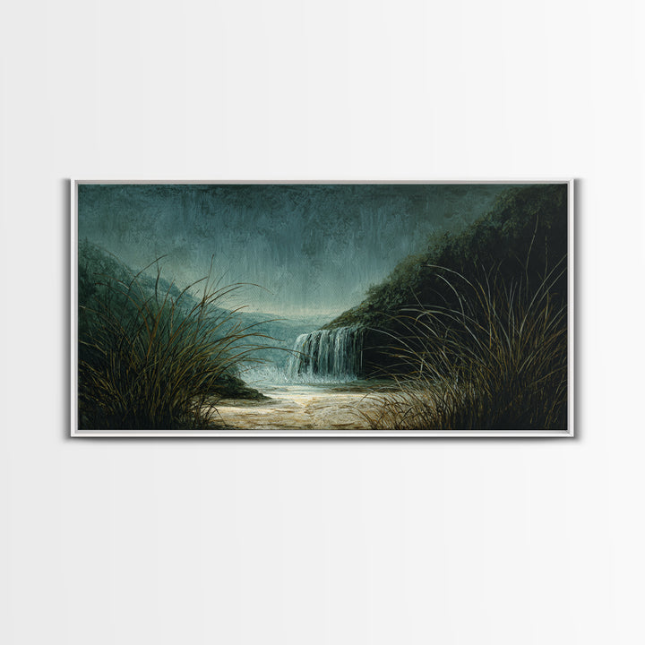 Waterfall Hidden Among Dark Green Rocks Canvas Print, Nature Art, Landscape Art, Living Room Decor, Abstract Art, Nature, NAT-2x1-71