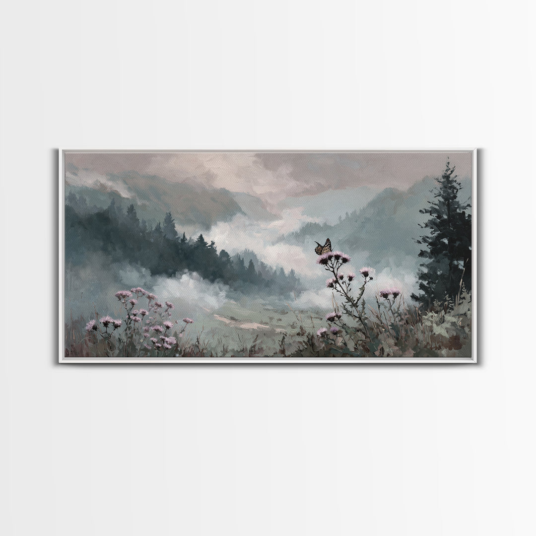 Butterfly Resting on a Blooming Thistle Framed Canvas Print, Nature Art, Original Painting, Living Room Decor, Fine Art, Nature, NAT-2x1-72
