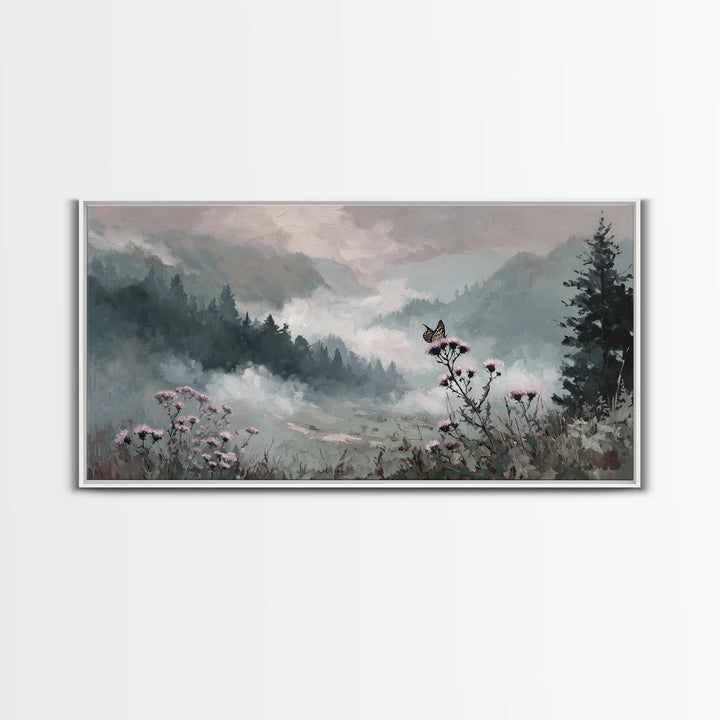 Butterfly Resting on a Blooming Thistle Framed Canvas Print, Nature Art, Original Painting, Living Room Decor, Fine Art, Nature, NAT-2x1-72