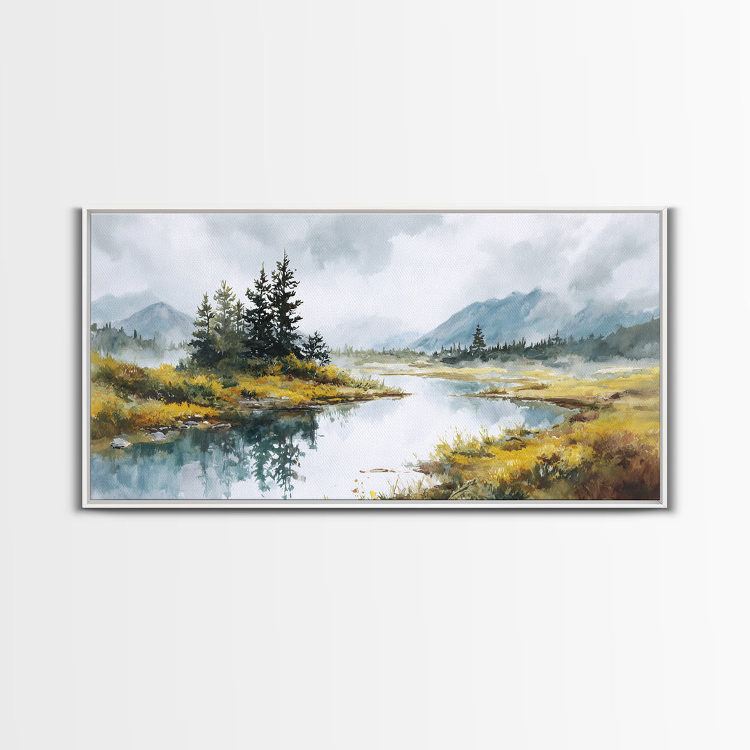 Misty Mountain Lake Canvas Print, Nature Art, Printable Wall Art, Living Room Decor, Fine Art, Nature, Living Room Wall Art, NAT-2x1-73
