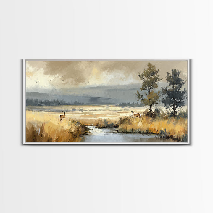 Deer Standing in a Golden Field Canvas Print, Nature Art, 3d Wall Art, Living Room Decor, Fine Art, Nature, Nature Wall Art, NAT-2x1-76