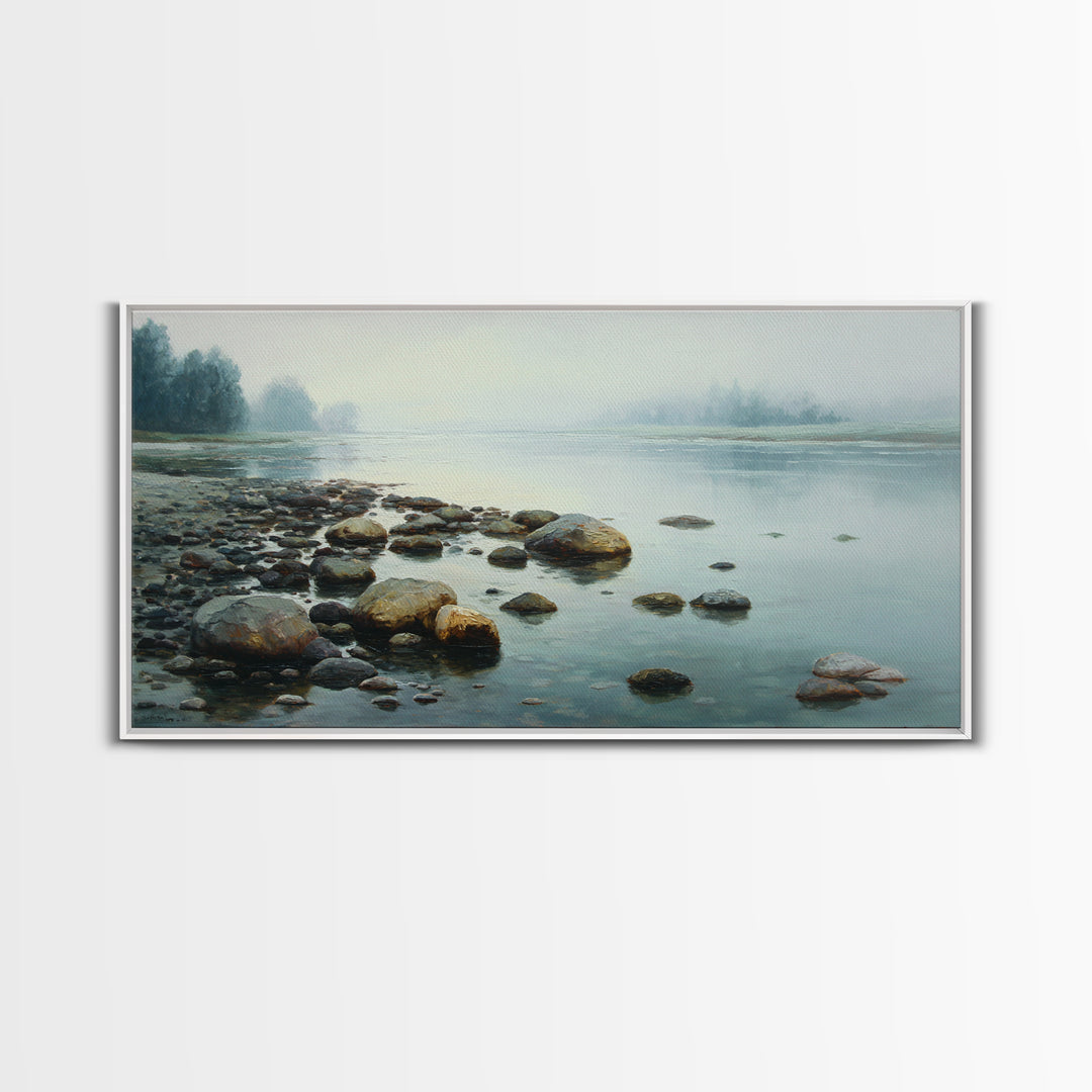 River Stones under Clear Shallow Water Framed Canvas Print, Nature Art, Living Room Decor, Watercolor Art, Nature, NAT-2x1-81