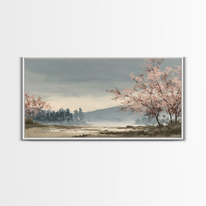 Spring Cherry Blossoms Framed Canvas Print, Nature Art, Modern Wall Art, Living Room Decor, Fine Art, Nature, Mountain Art, NAT-2x1-84