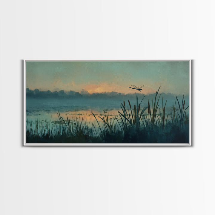 Dragonfly over a Pond with Reeds Framed Canvas Print, Nature Art, Home Decor, Living Room Decor, Nature, Abstract Wall Art, NAT-2x1-86
