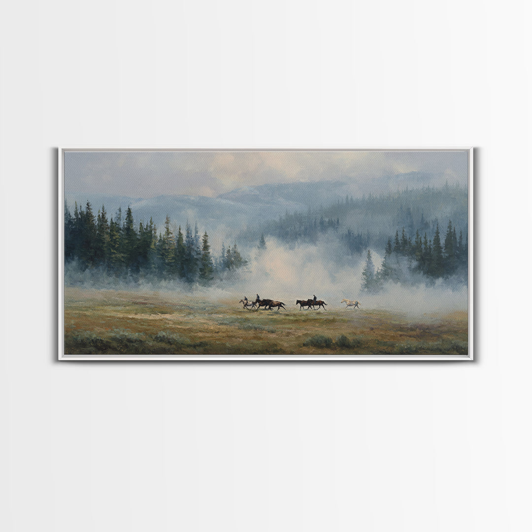 Wild Horses Running Near Mountain Ridge Framed Canvas Print, Nature Art, Poster, Living Room Decor, Fine Art, Nature, NAT-2x1-90