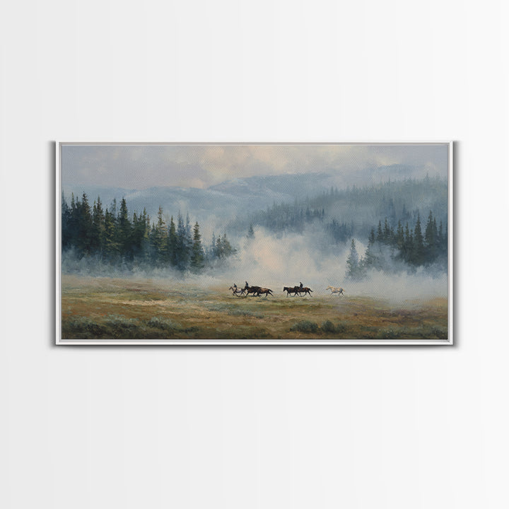 Wild Horses Running Near Mountain Ridge Framed Canvas Print, Nature Art, Poster, Living Room Decor, Fine Art, Nature, NAT-2x1-90