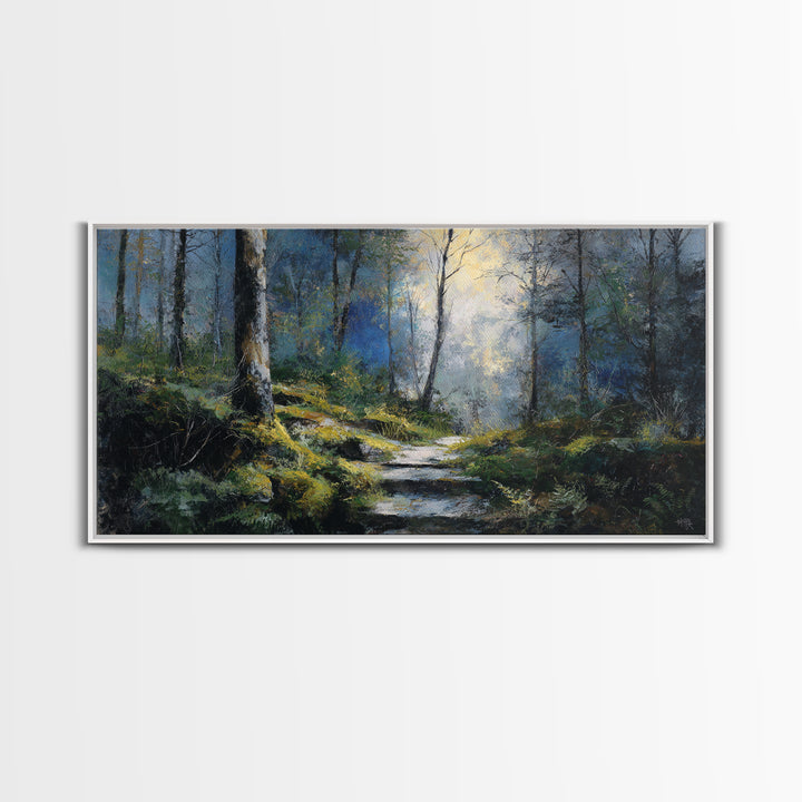 Sunlit Forest Path Canvas Print, Nature Art, Framed Art, Living Room Decor, Nature, Botanical Art, Digital Download Art, NAT-2x1-93