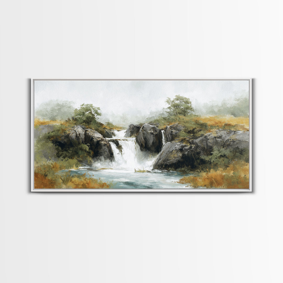 Waterfall Hidden Among Dark Green Rocks Framed Canvas Print, Nature Art, Landscape Print, Living Room Decor, Fine Art, Nature, NAT-2x1-95
