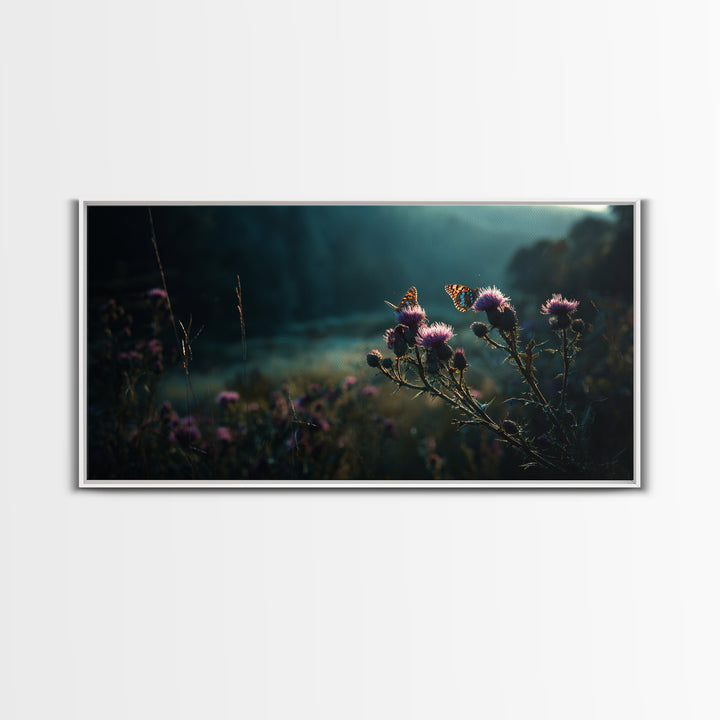Butterfly Resting on a Blooming Thistle Framed Canvas Print, Nature Art, Stained Glass Art, Living Room Decor, Oil Painting, NAT-2x1-96