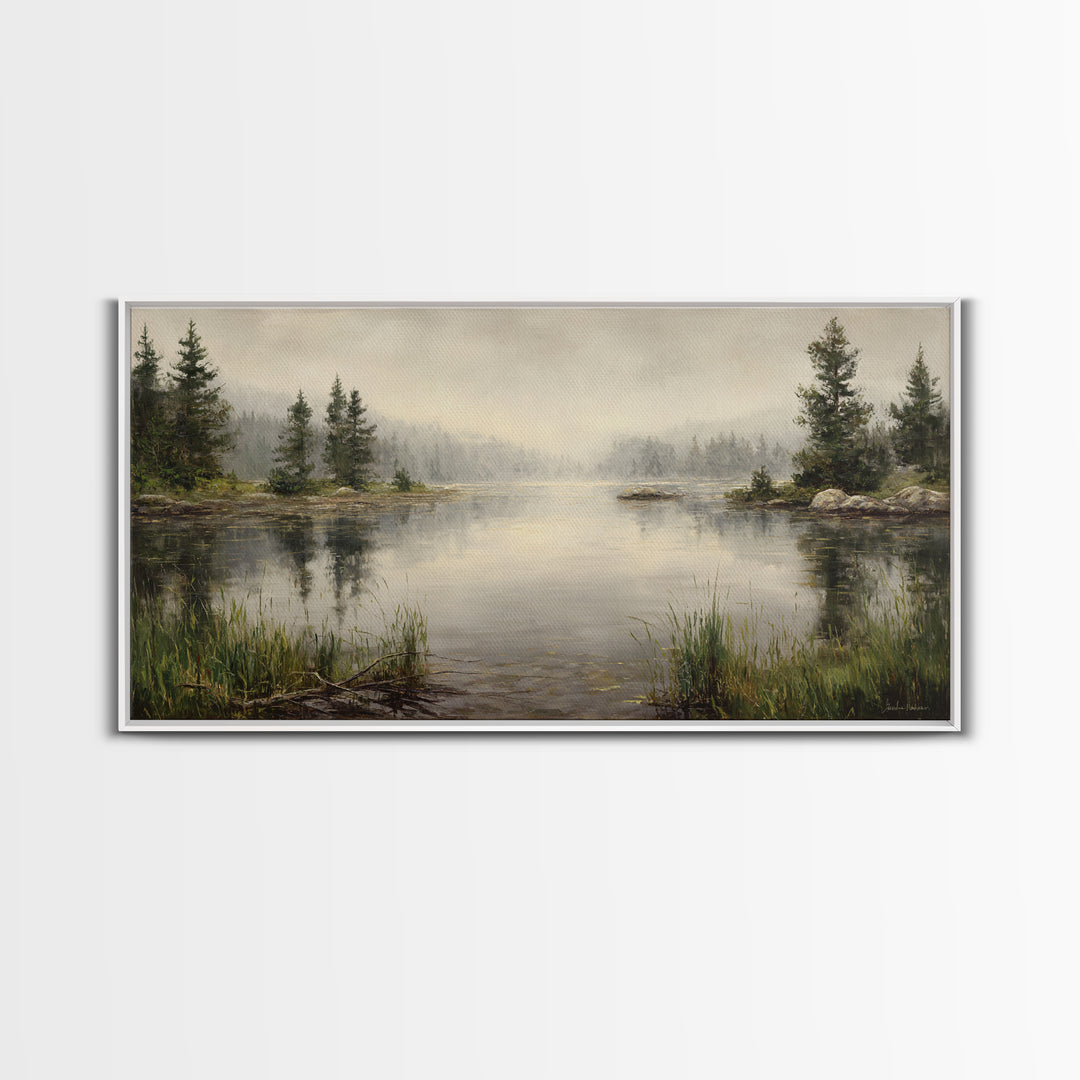 Misty Mountain Lake Framed Canvas Print, Nature Art, Wood Wall Art, Living Room Decor, Fine Art, Nature, Digital Download Art, NAT-2x1-97