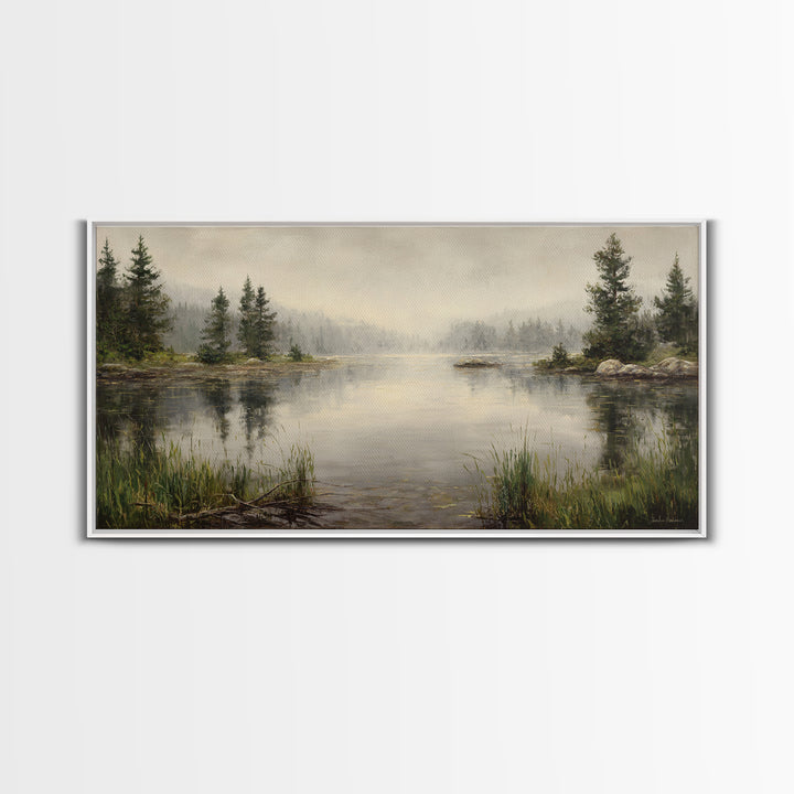 Misty Mountain Lake Framed Canvas Print, Nature Art, Wood Wall Art, Living Room Decor, Fine Art, Nature, Digital Download Art, NAT-2x1-97