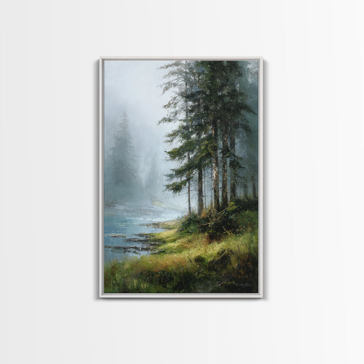 Moody Pine Forest Framed Canvas Print, Nature Art, Wall Art, Living Room Decor, Oil Painting, Nature, Wood Wall Art, NAT-2x3-1