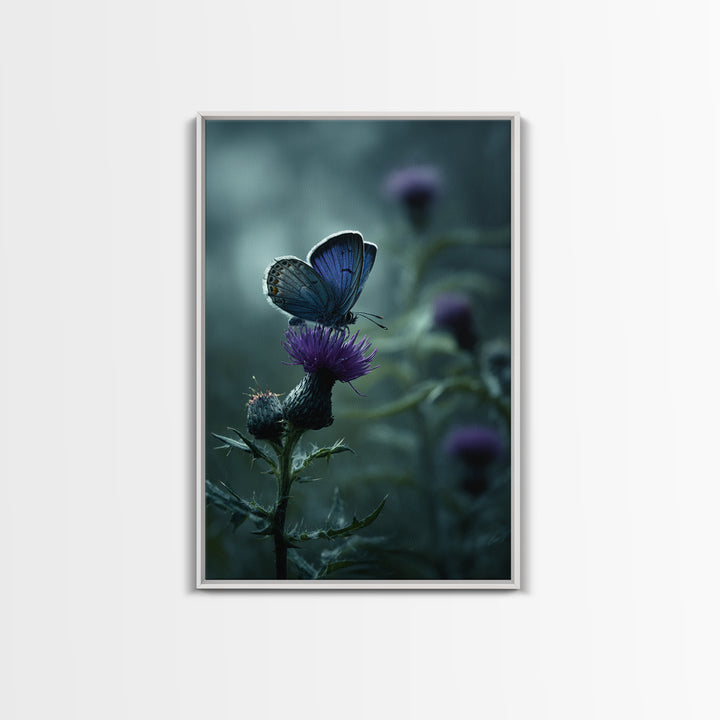 Butterfly Resting on a Blooming Thistle Framed Canvas Print, Nature Art, Minimalist Decor, Living Room Decor, Oil Painting, NAT-2x3-12