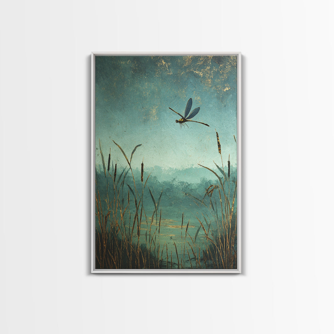 Dragonfly over a Pond with Reeds Framed Canvas Print, Nature Art, Boho Decor, Living Room Decor, Abstract Art, Nature, NAT-2x3-2