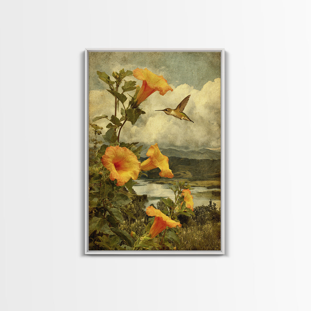 Hummingbird Beside Bright Trumpet Flowers Framed Canvas Print, Nature Art, Mushroom, Living Room Decor, Watercolor Art, Nature, NAT-2x3-20