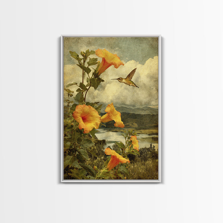 Hummingbird Beside Bright Trumpet Flowers Framed Canvas Print, Nature Art, Mushroom, Living Room Decor, Watercolor Art, Nature, NAT-2x3-20