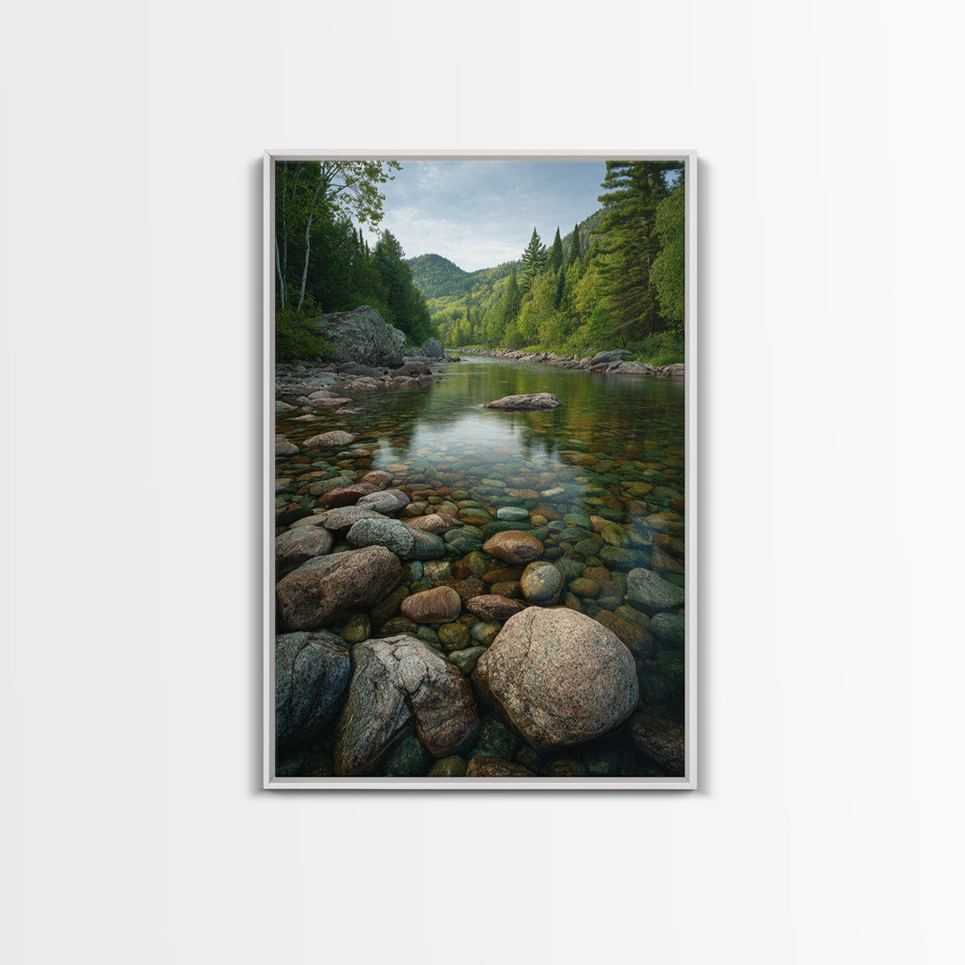 River Stones under Clear Shallow Water Framed Canvas Print, Nature Art, Living Room Decor, Oil Painting, Nature, NAT-2x3-21