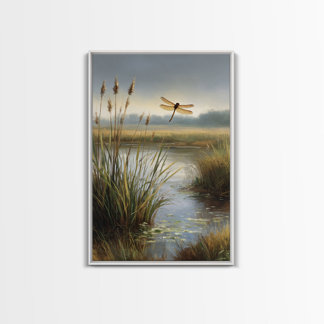 Dragonfly over a Pond with Reeds Framed Canvas Print, Nature Art, Boho Decor, Living Room Decor, Abstract Art, Nature, NAT-2x3-26