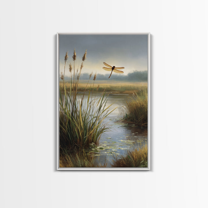 Dragonfly over a Pond with Reeds Framed Canvas Print, Nature Art, Boho Decor, Living Room Decor, Abstract Art, Nature, NAT-2x3-26