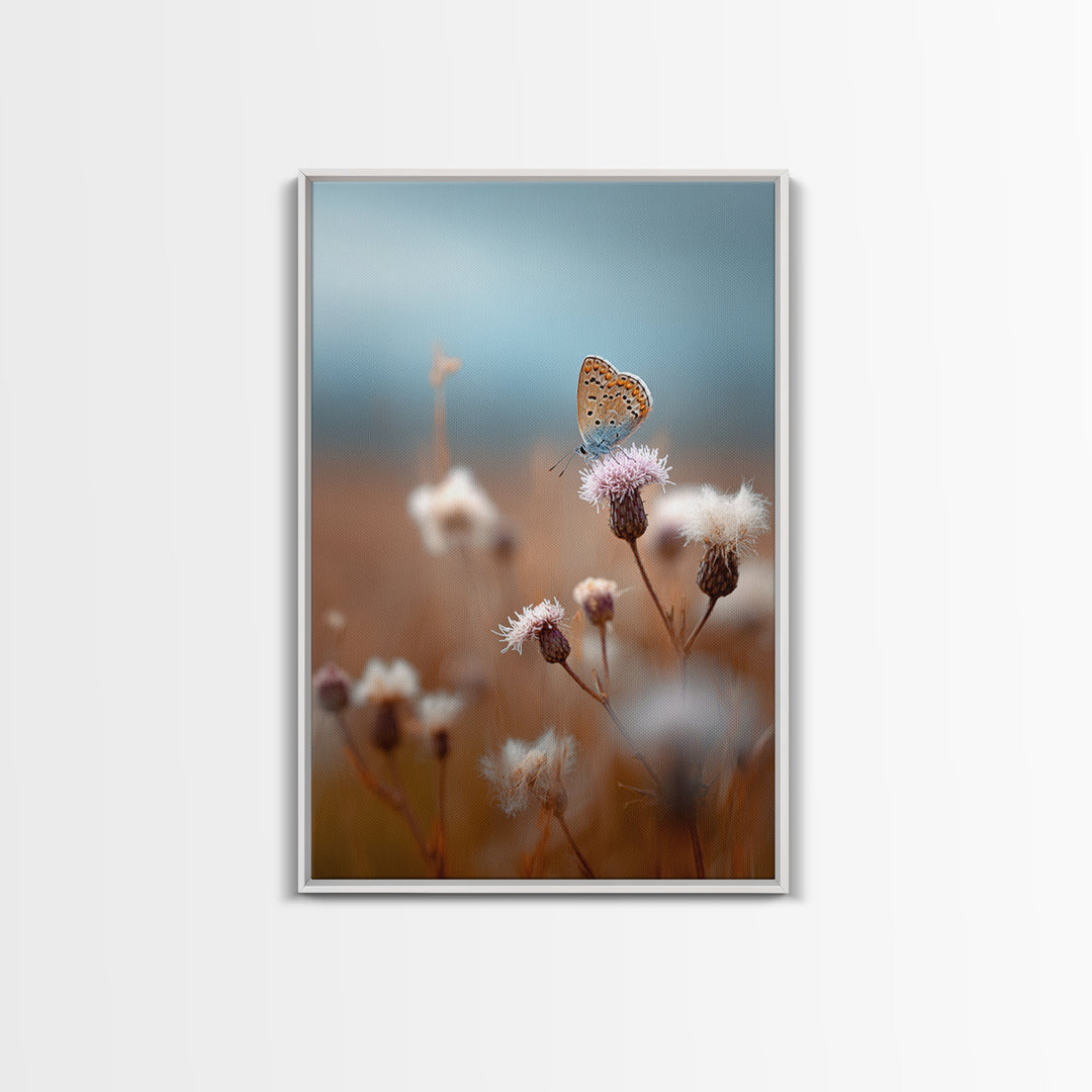 Butterfly Resting on a Blooming Thistle Framed Canvas Print, Nature Art, Mountain Wall Art, Living Room Decor, Watercolor Art, NAT-2x3-36