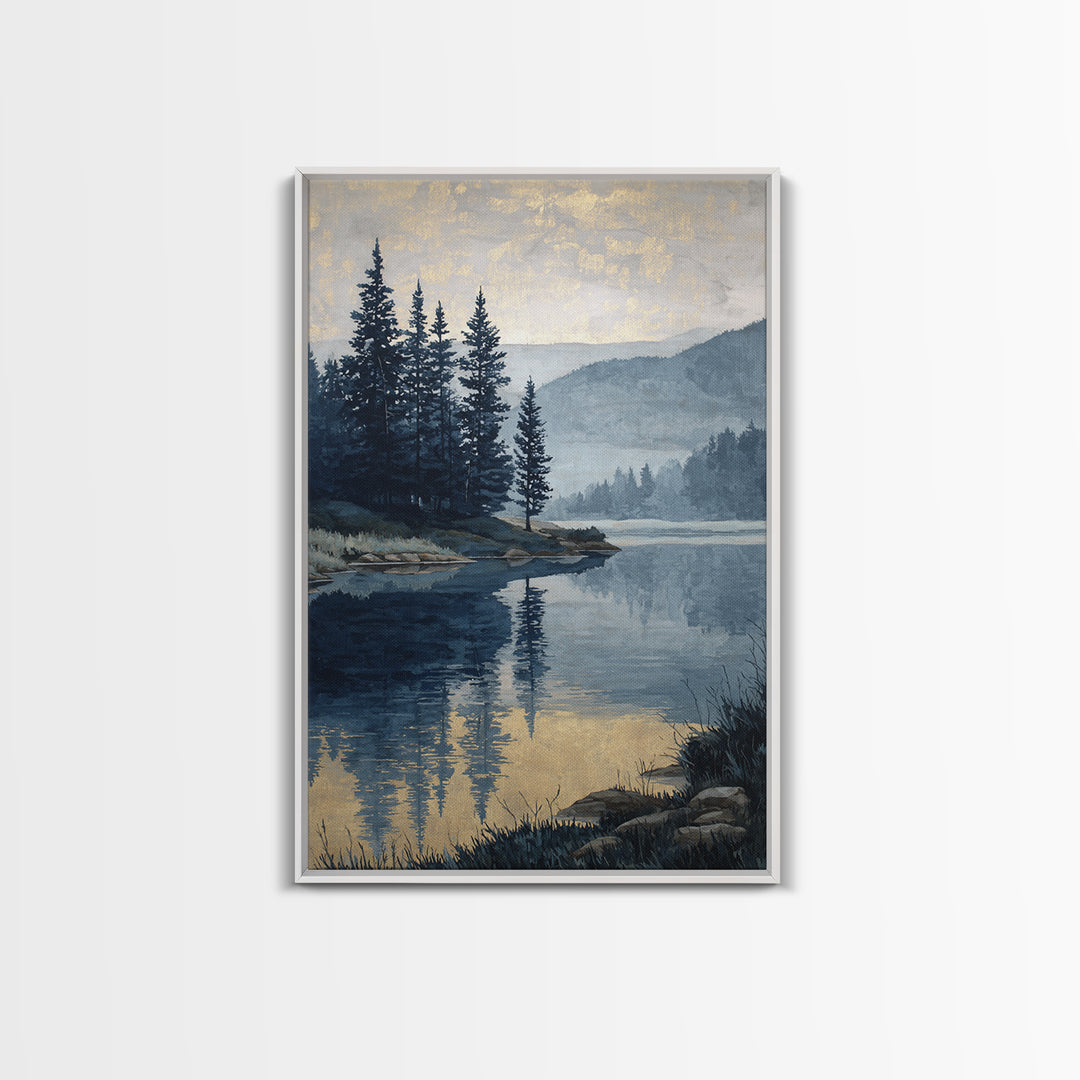 Misty Mountain Lake Framed Canvas Print, Nature Art, Art, Living Room Decor, Watercolor Art, Nature, 3d Wall Art, NAT-2x3-37