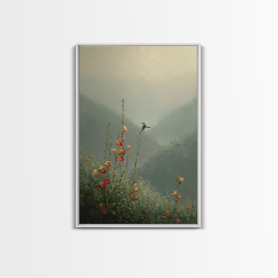 Hummingbird Beside Bright Trumpet Flowers Framed Canvas Print, Nature Art, Landscape Print, Living Room Decor, Watercolor Art, NAT-2x3-44