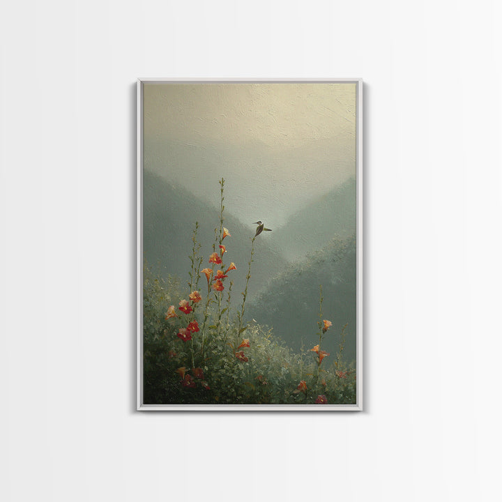 Hummingbird Beside Bright Trumpet Flowers Framed Canvas Print, Nature Art, Landscape Print, Living Room Decor, Watercolor Art, NAT-2x3-44